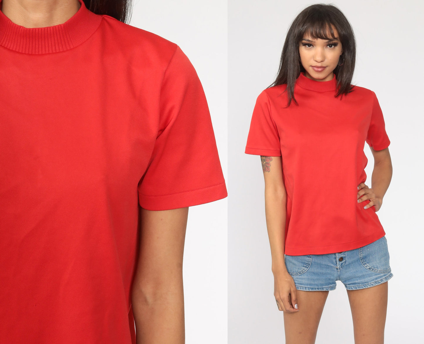70s Red Mock Neck Ribbed Shirt Short Sleeve Vintage Blouse Medium Large