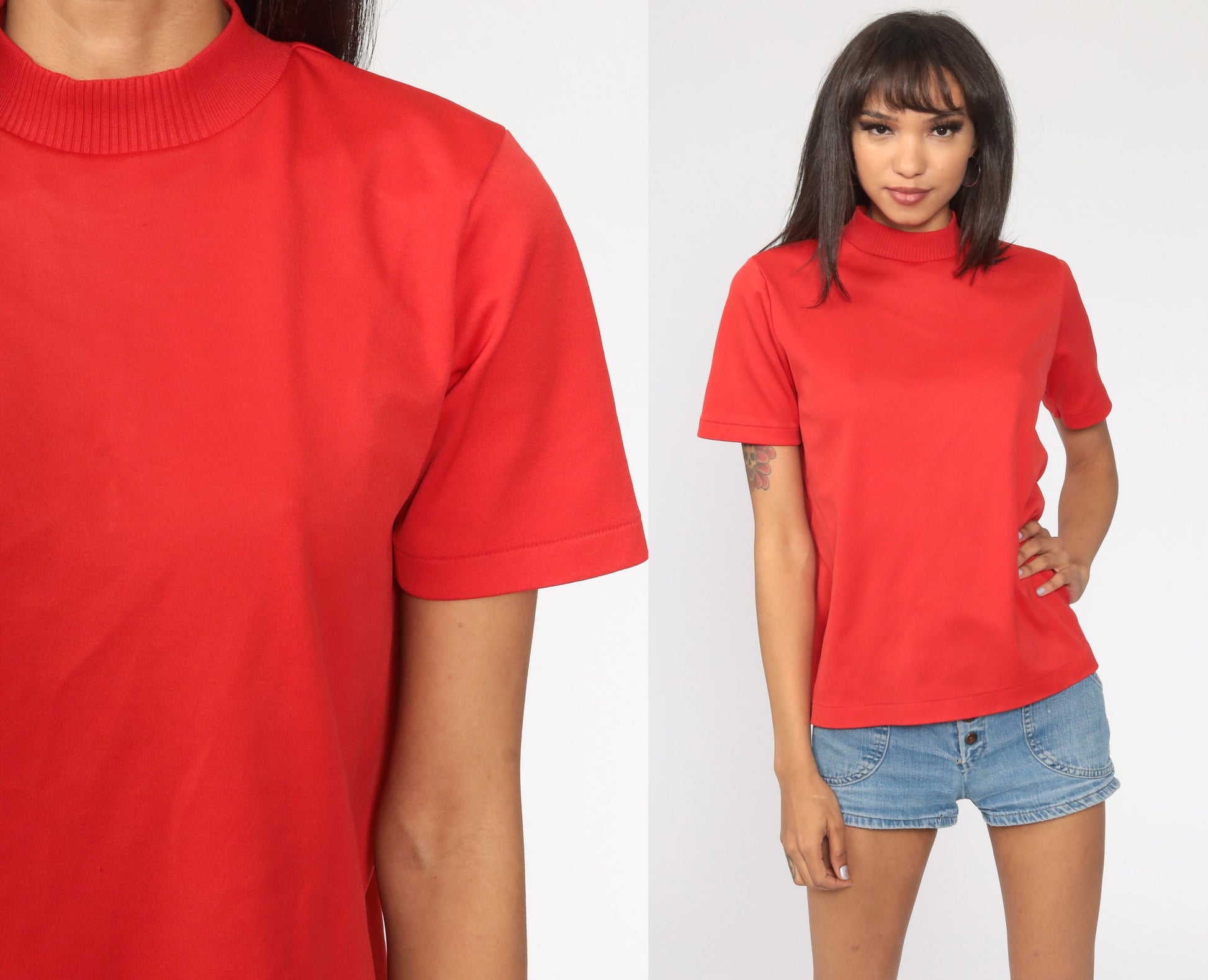 70s Red Mock Neck Ribbed Shirt Short Sleeve Vintage Blouse Medium Large