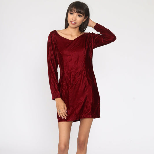 60s Red Velvet Mini Dress Long Sleeve Sheath Cocktail Small