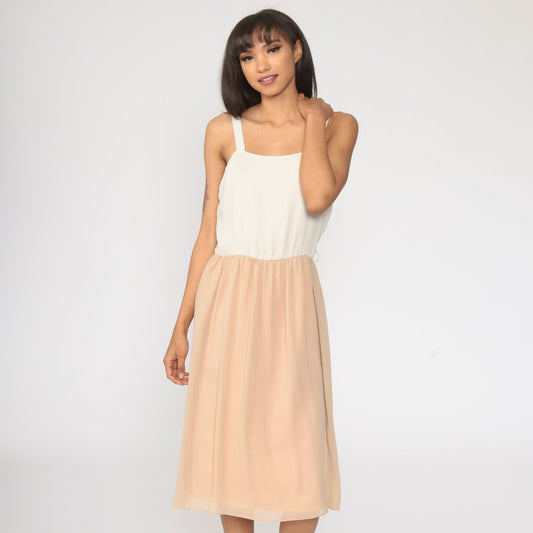 70s Off-White Tan Midi Sundress High Waist Sleeveless Tank Extra Small