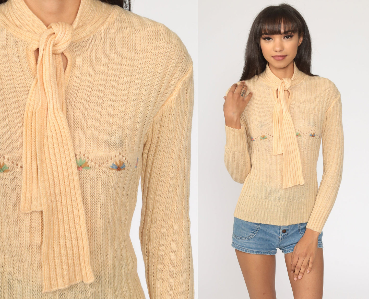 70s Floral Embroidered Ascot Sweater Pale Orange Knit Pullover Small