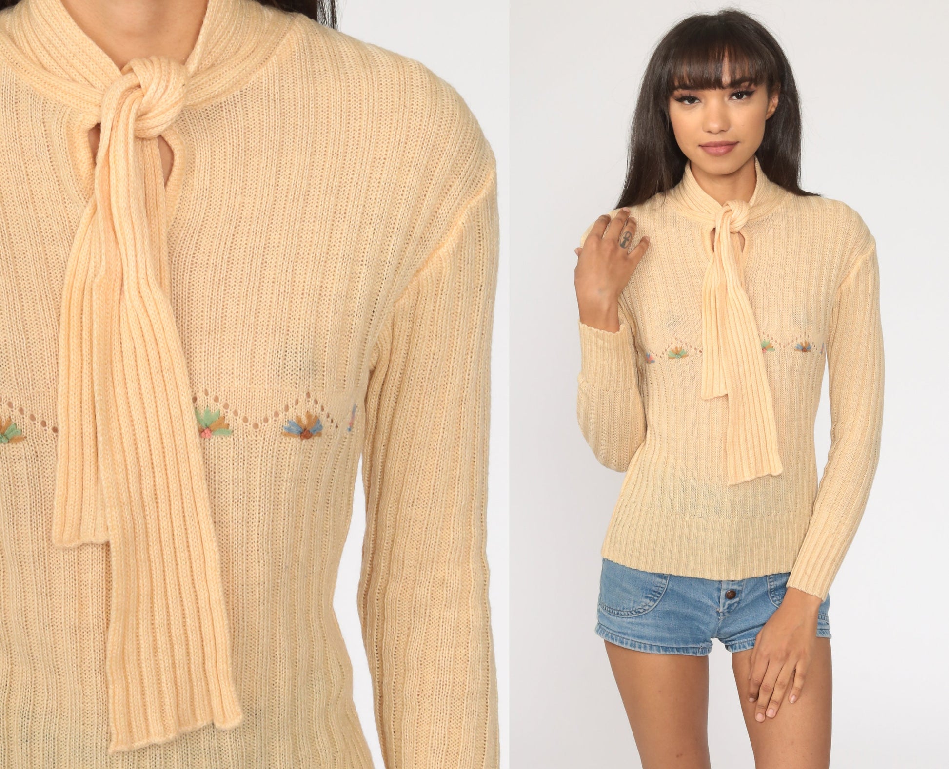 70s Floral Embroidered Ascot Sweater Pale Orange Knit Pullover Small