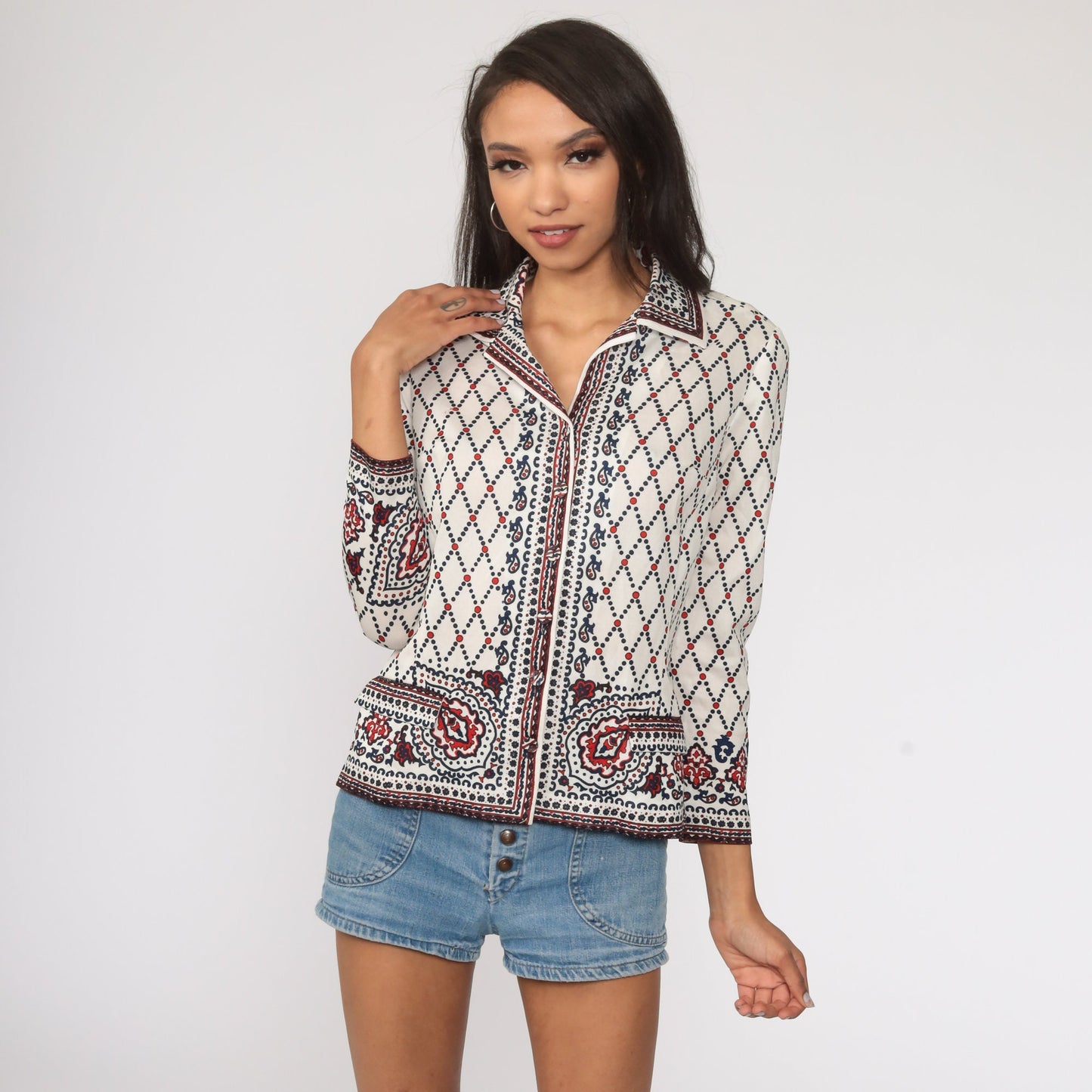 70s Floral Paisley Print Button-Up Blouse White Long Sleeve Small