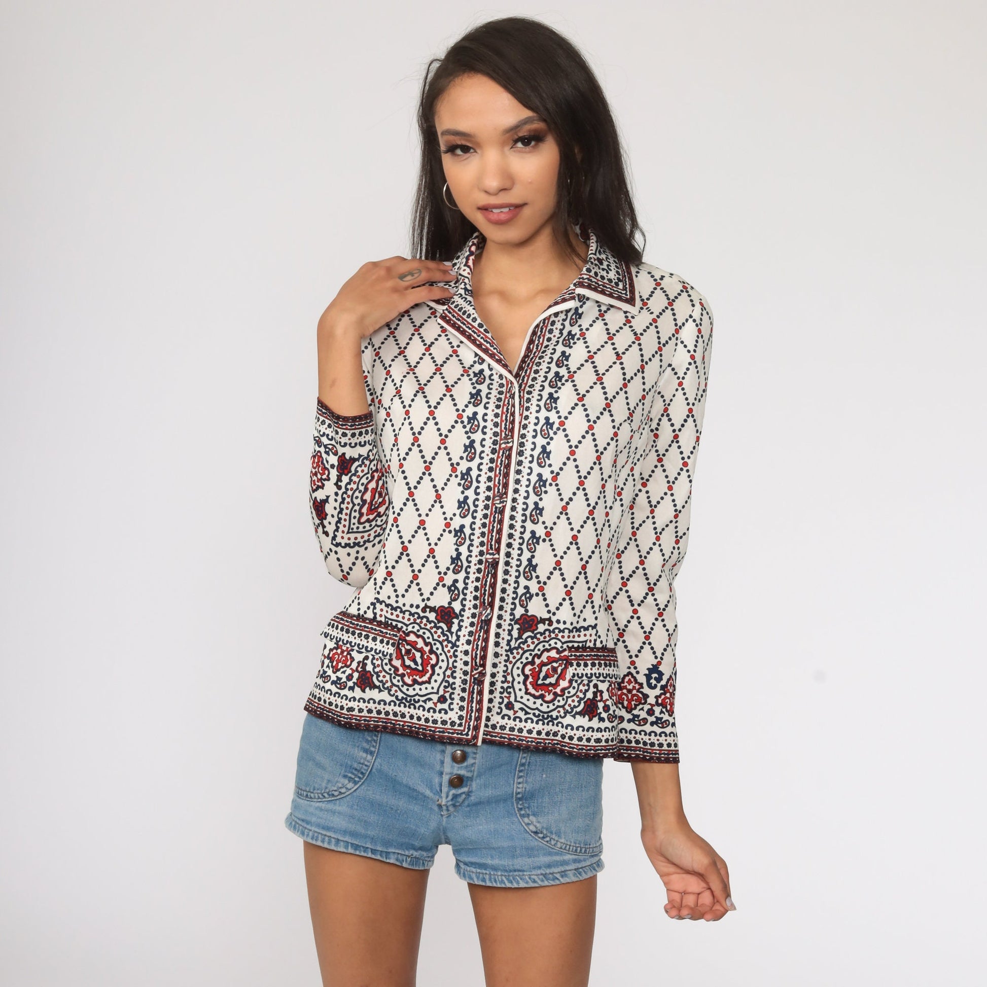 70s Floral Paisley Print Button-Up Blouse White Long Sleeve Small