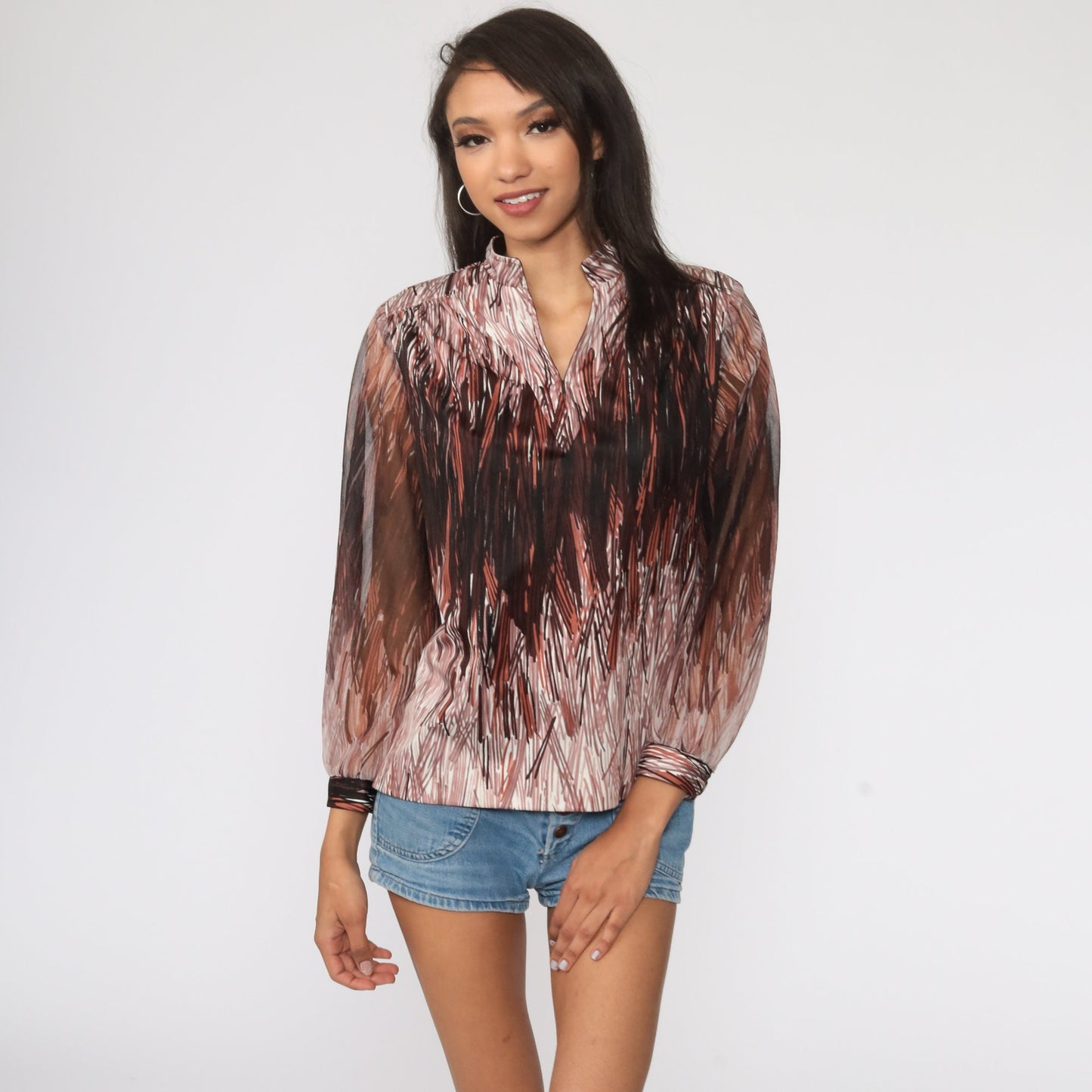70s Brushstroke Blouse Brown Sheer Sleeve Vintage Top Medium