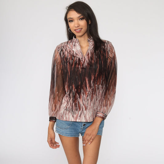 70s Brushstroke Blouse Brown Sheer Sleeve Vintage Top Medium