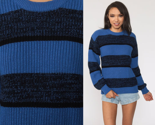 80s Blue Striped Space Dye Knit Sweater Slouchy Pullover Small