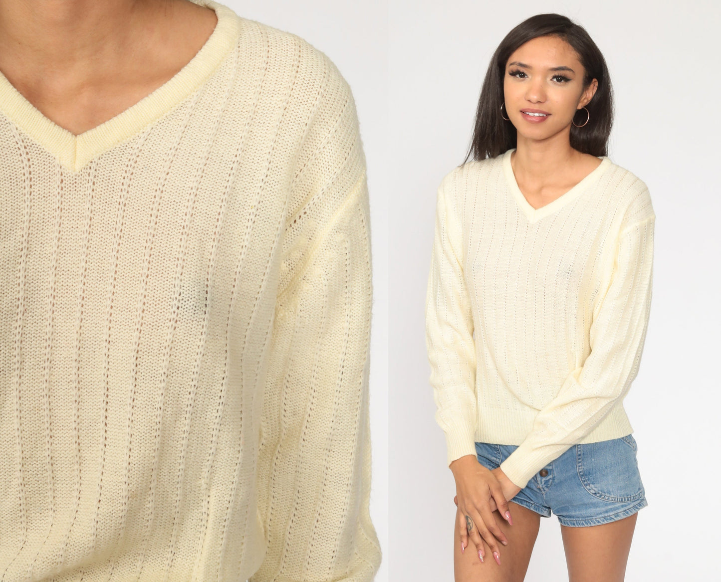 80s Cream V-Neck Knit Sweater Pointelle Slouchy Pullover Medium