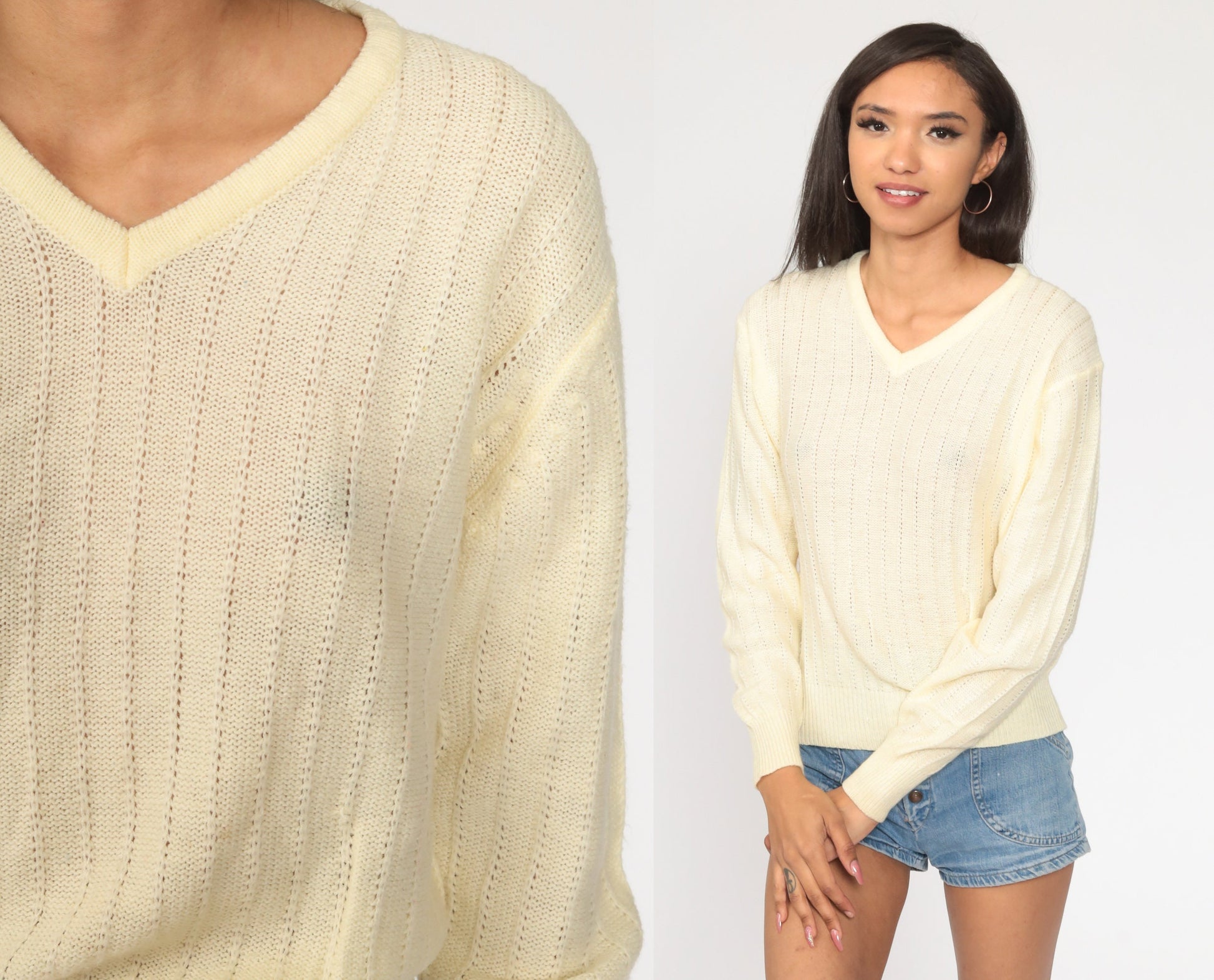 80s Cream V-Neck Knit Sweater Pointelle Slouchy Pullover Medium