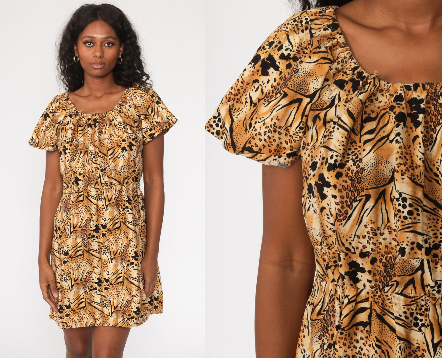80s Leopard Print Babydoll Dress Empire Waist Mini Brown Cotton Medium Large