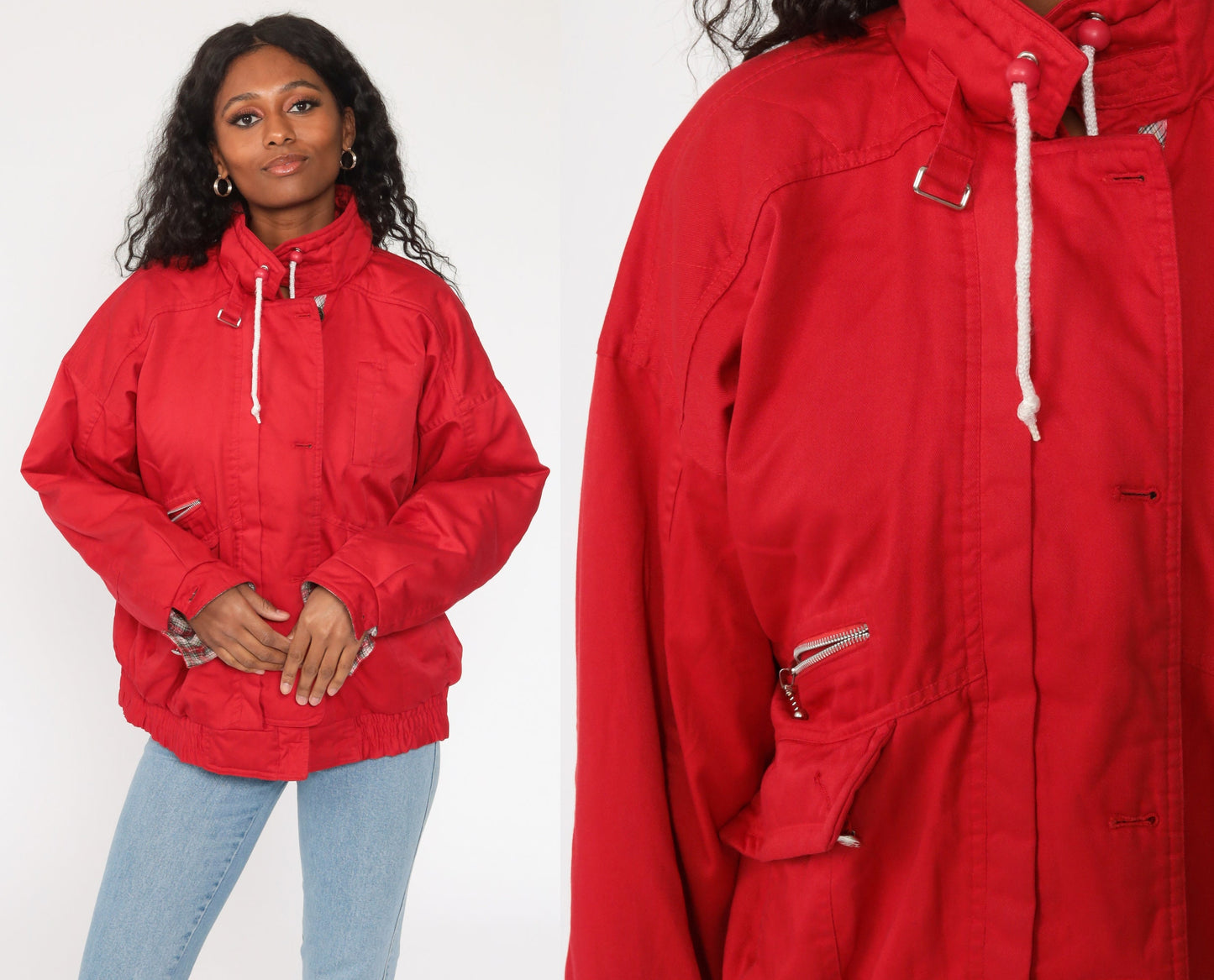 80s Red Windbreaker Jacket Plaid Lined Cotton Blend Large