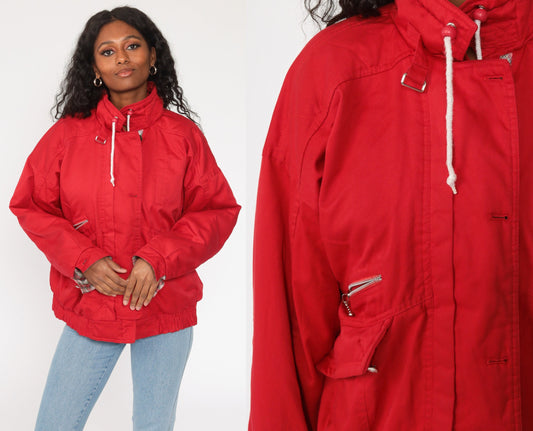 80s Red Windbreaker Jacket Plaid Lined Cotton Blend Large