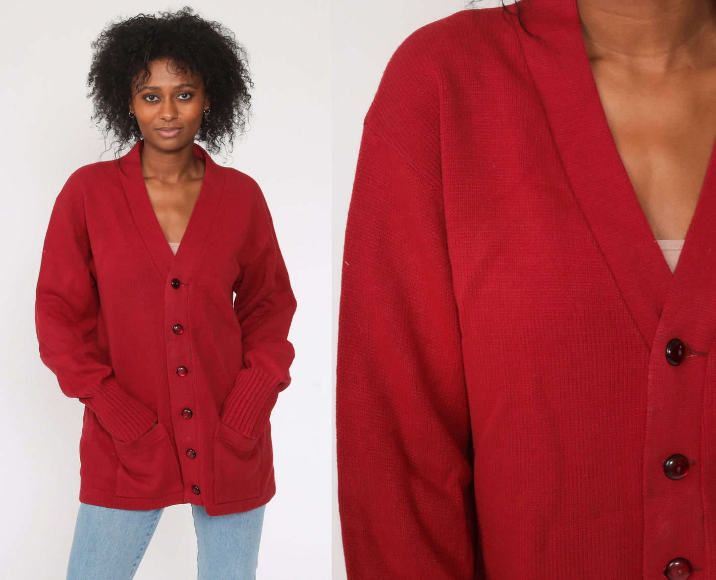 Champion Burgundy Cardigan 1960s Knit Button-Up Unisex Large