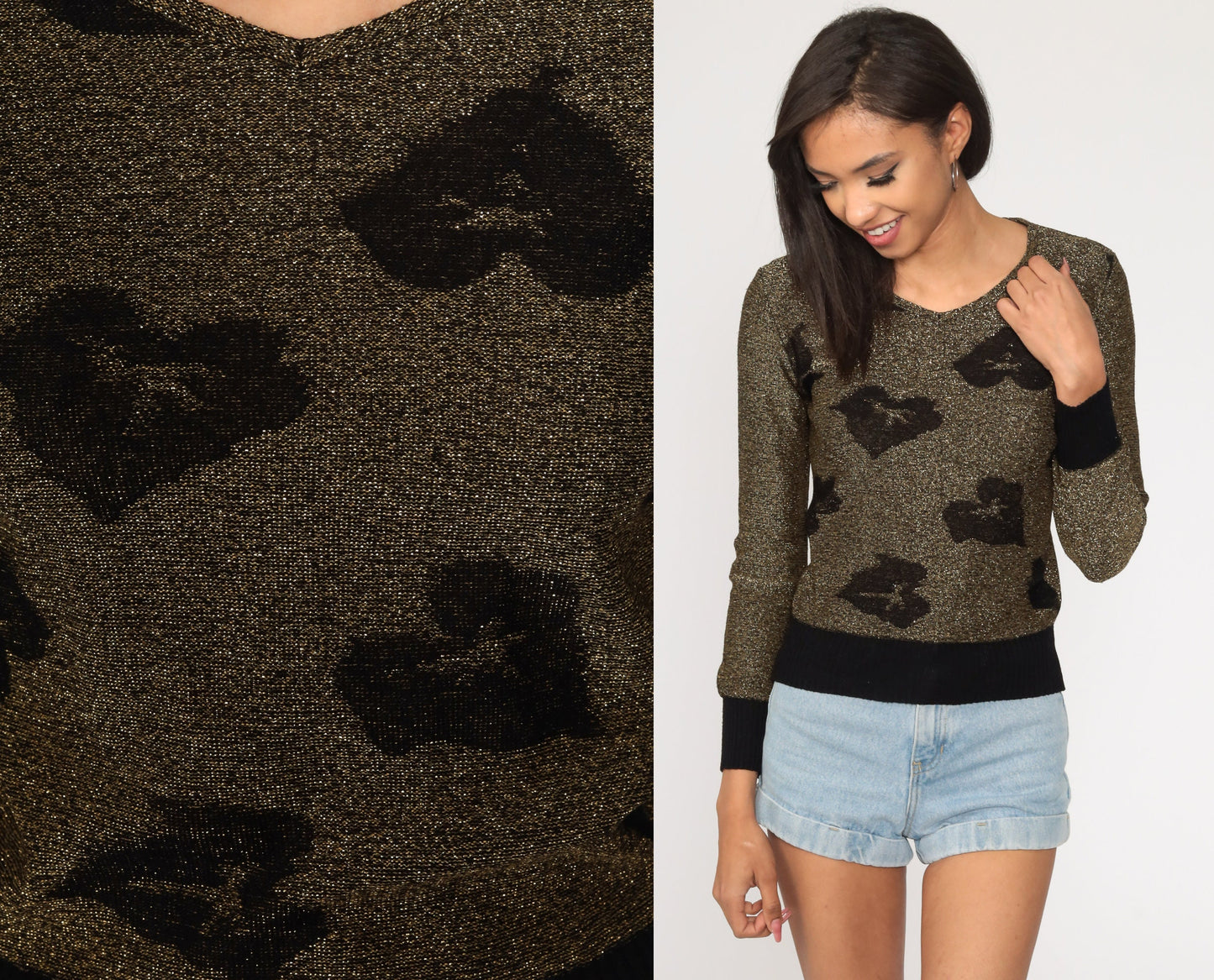 80s Metallic Leaf Sweater Black Gold Glitter Knit Pullover Extra Small XXS