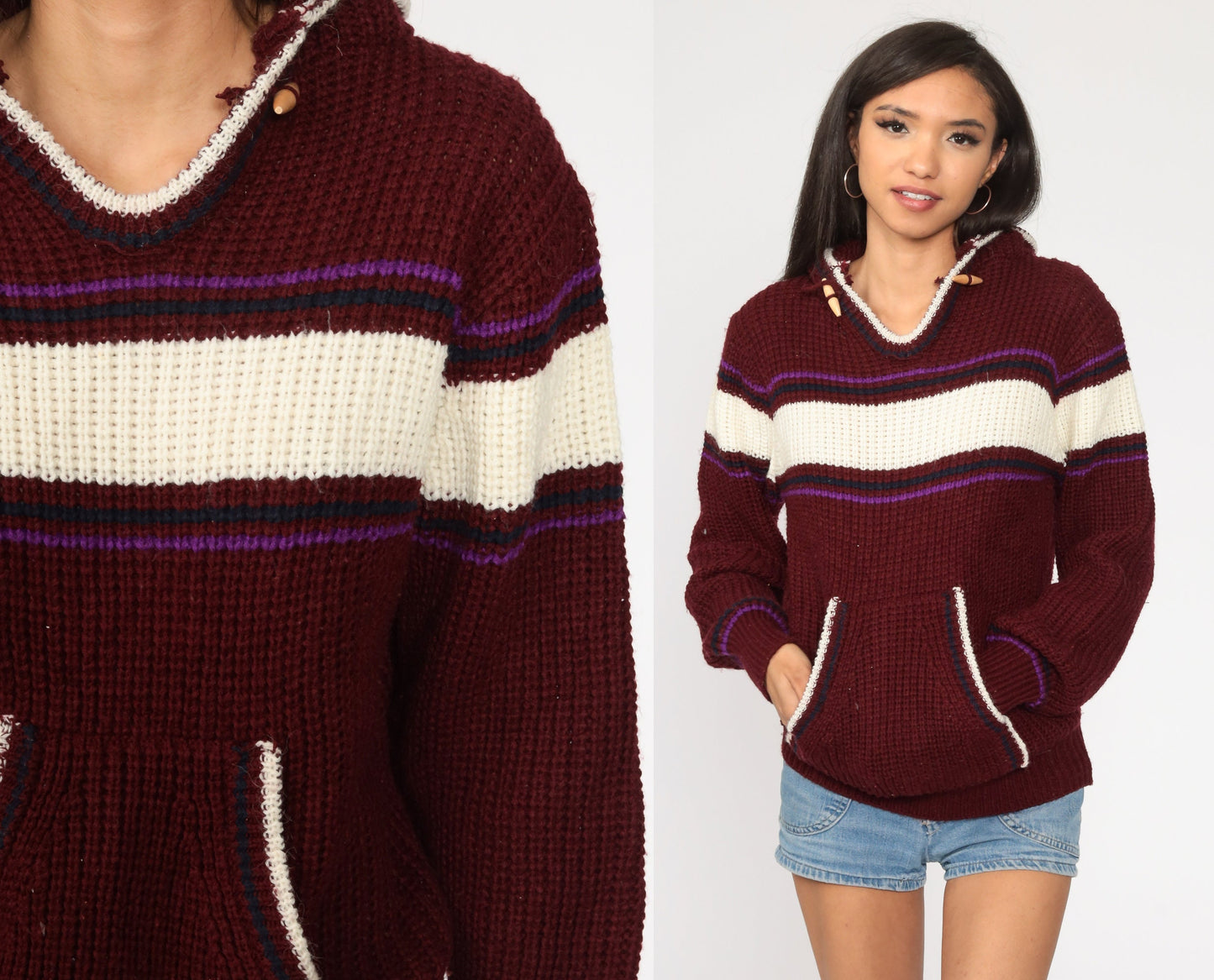 70s-80s Burgundy Striped Knit Hoodie Pullover Small Medium