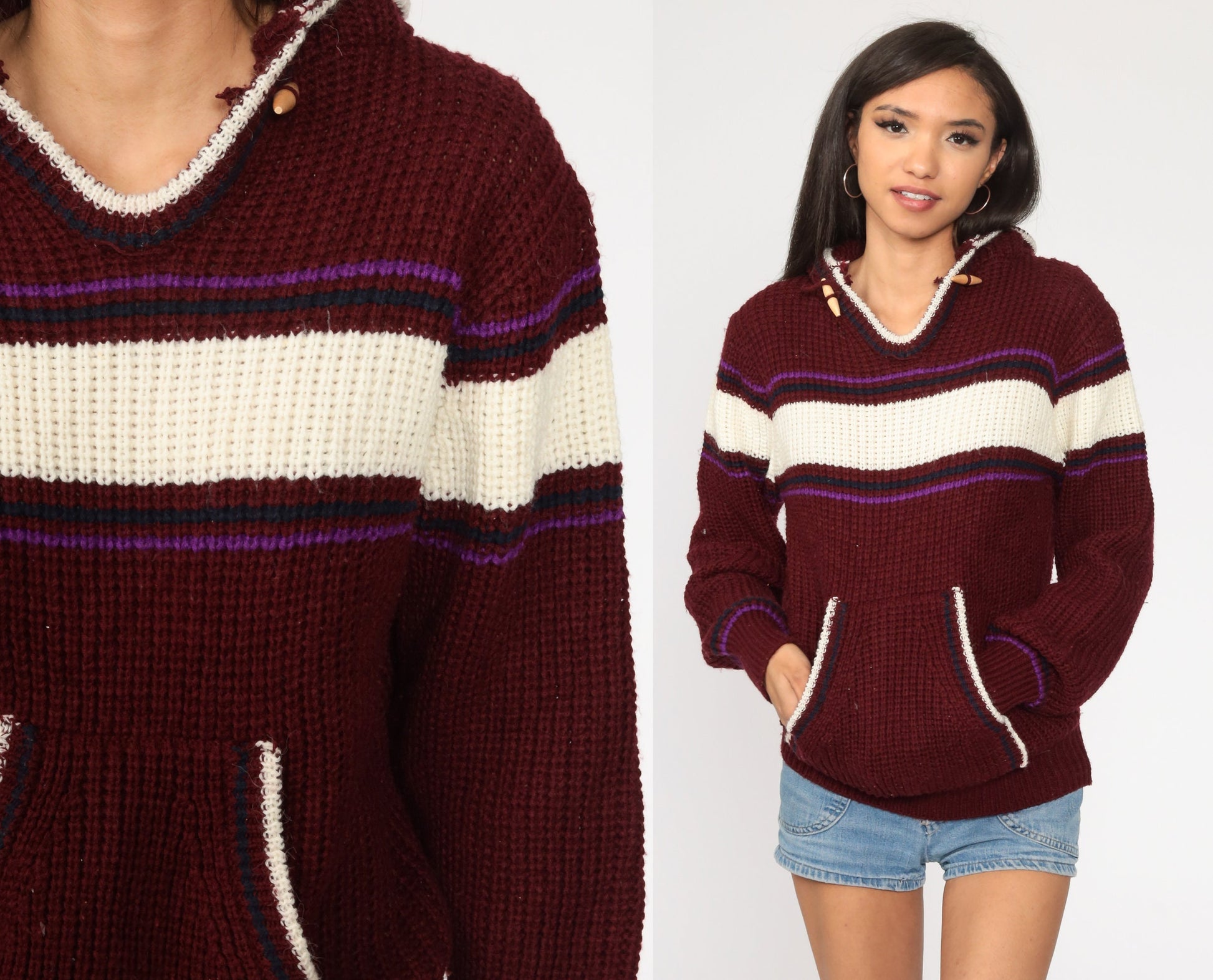 70s-80s Burgundy Striped Knit Hoodie Pullover Small Medium