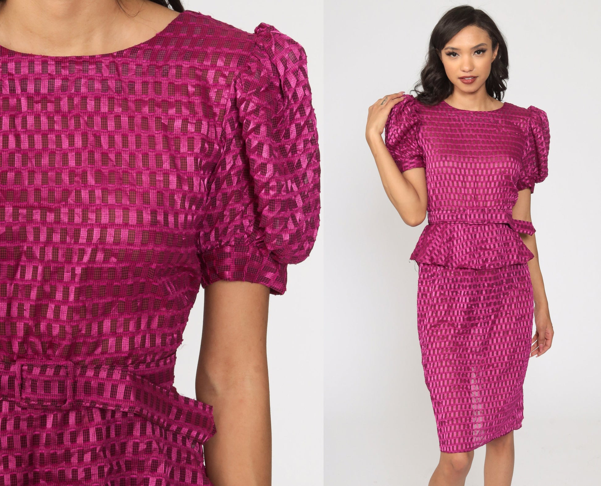 80s Purple Sheer Midi Dress Puff Sleeve High Waisted Peplum Small