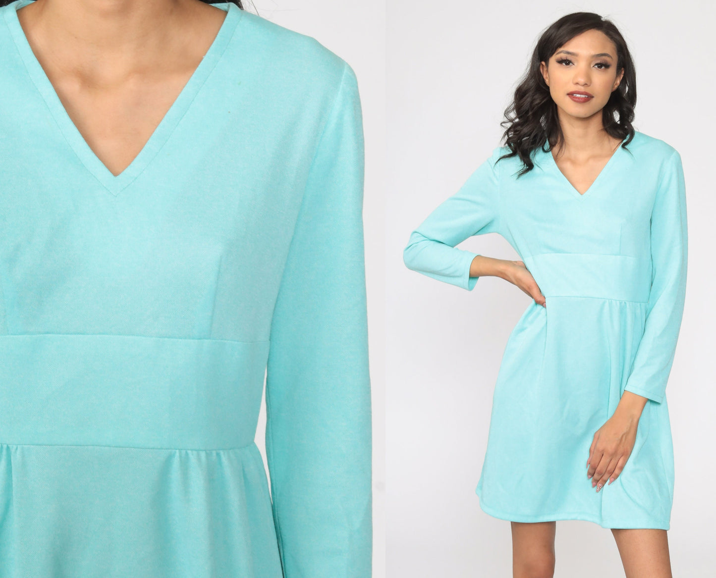 70s Blue Babydoll Mini Dress Deep V Neck Empire Waist Long Sleeve Small S