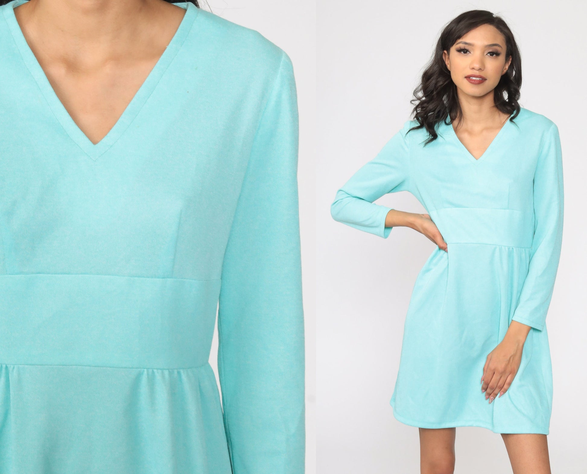 70s Blue Babydoll Mini Dress Deep V Neck Empire Waist Long Sleeve Small S