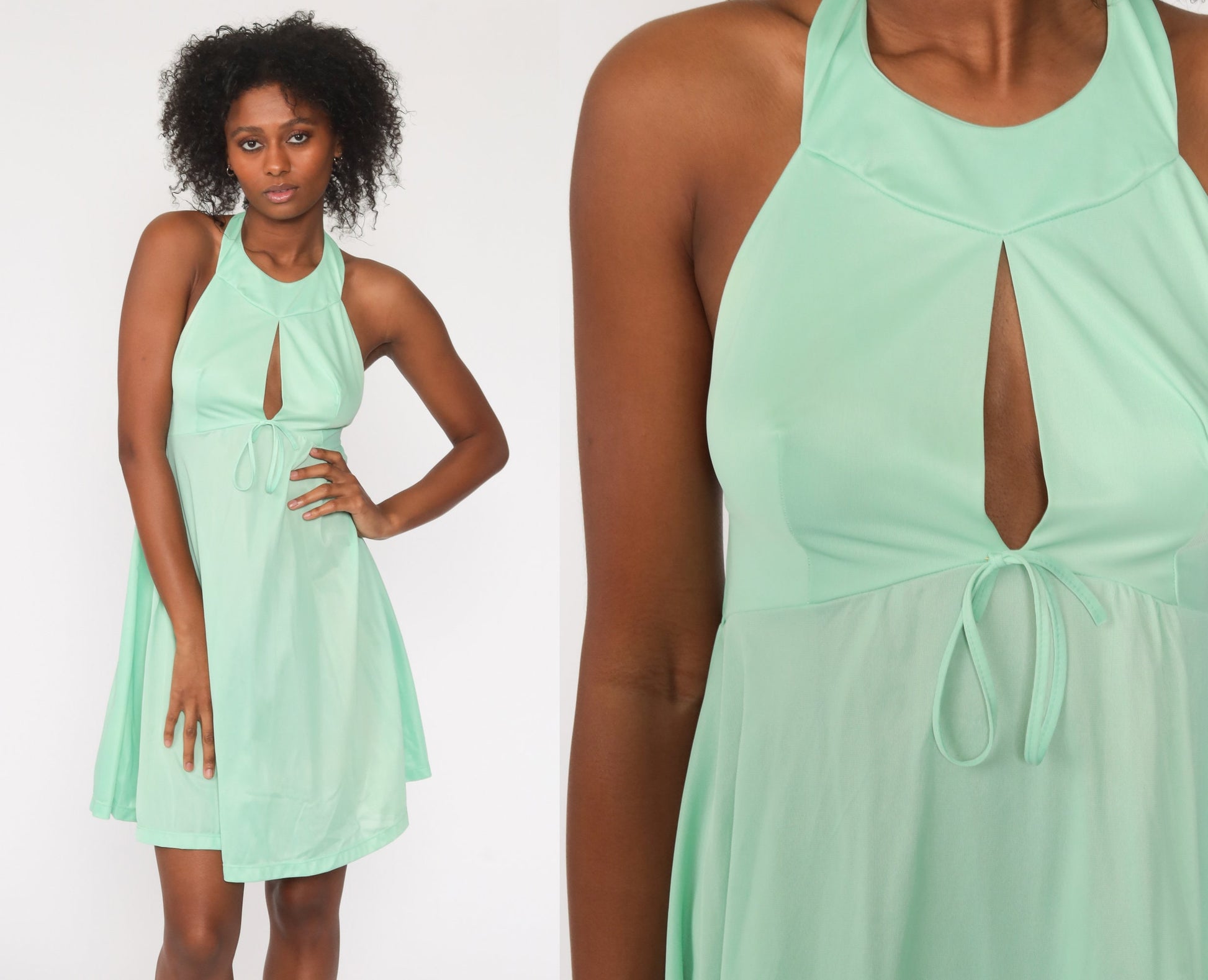 70s Green Halter Mini Dress Keyhole Chest Empire Waist Open Back Extra Small