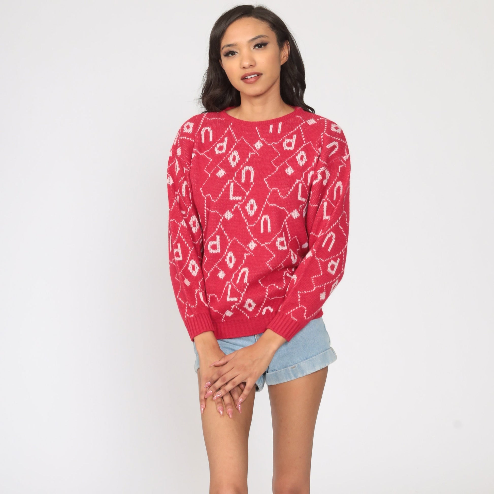 80s London Spellout Knit Sweater Pink Geometric Pullover Small S