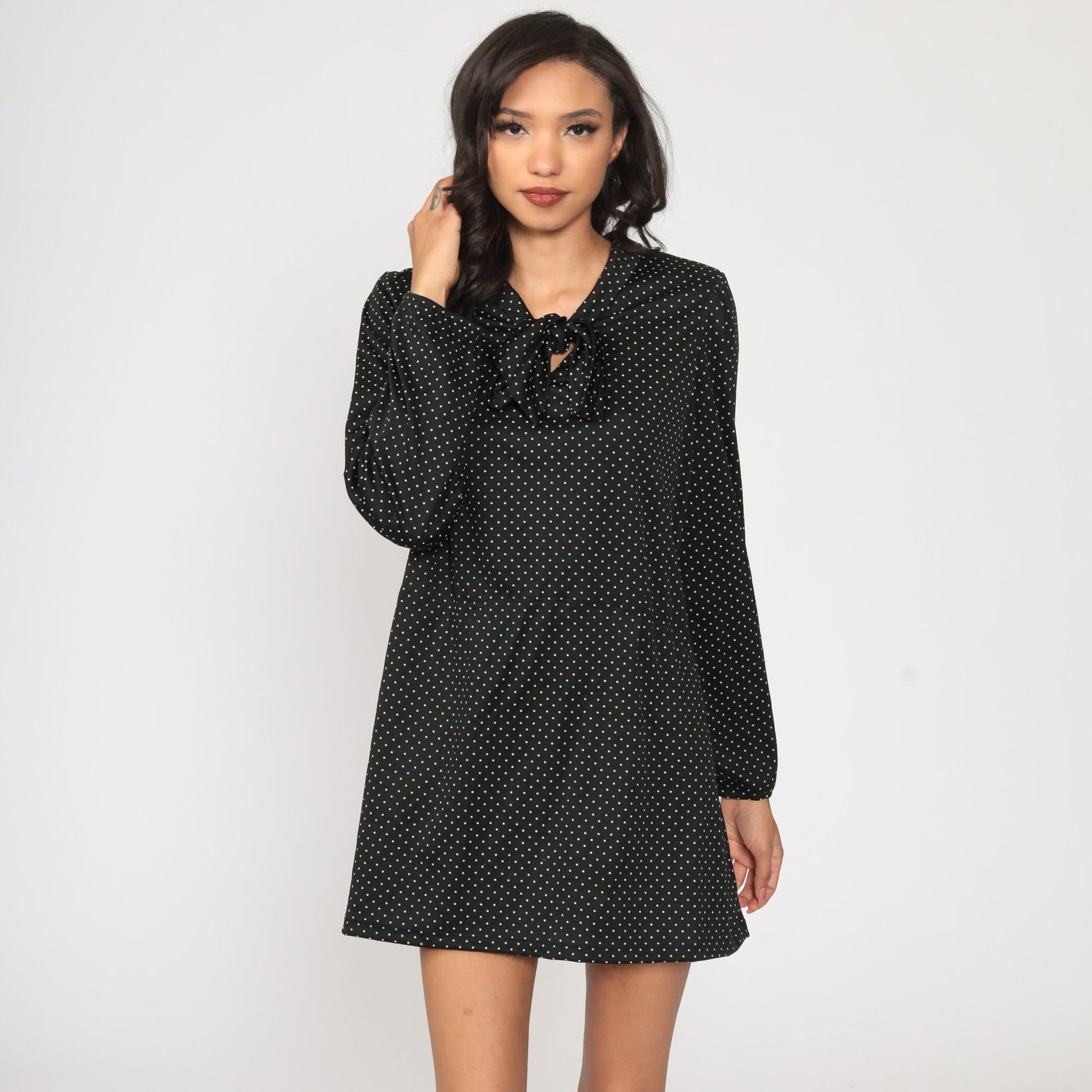 70s Black Polka Dot Ascot Bow Mini Dress Long Sleeve Extra Large XL