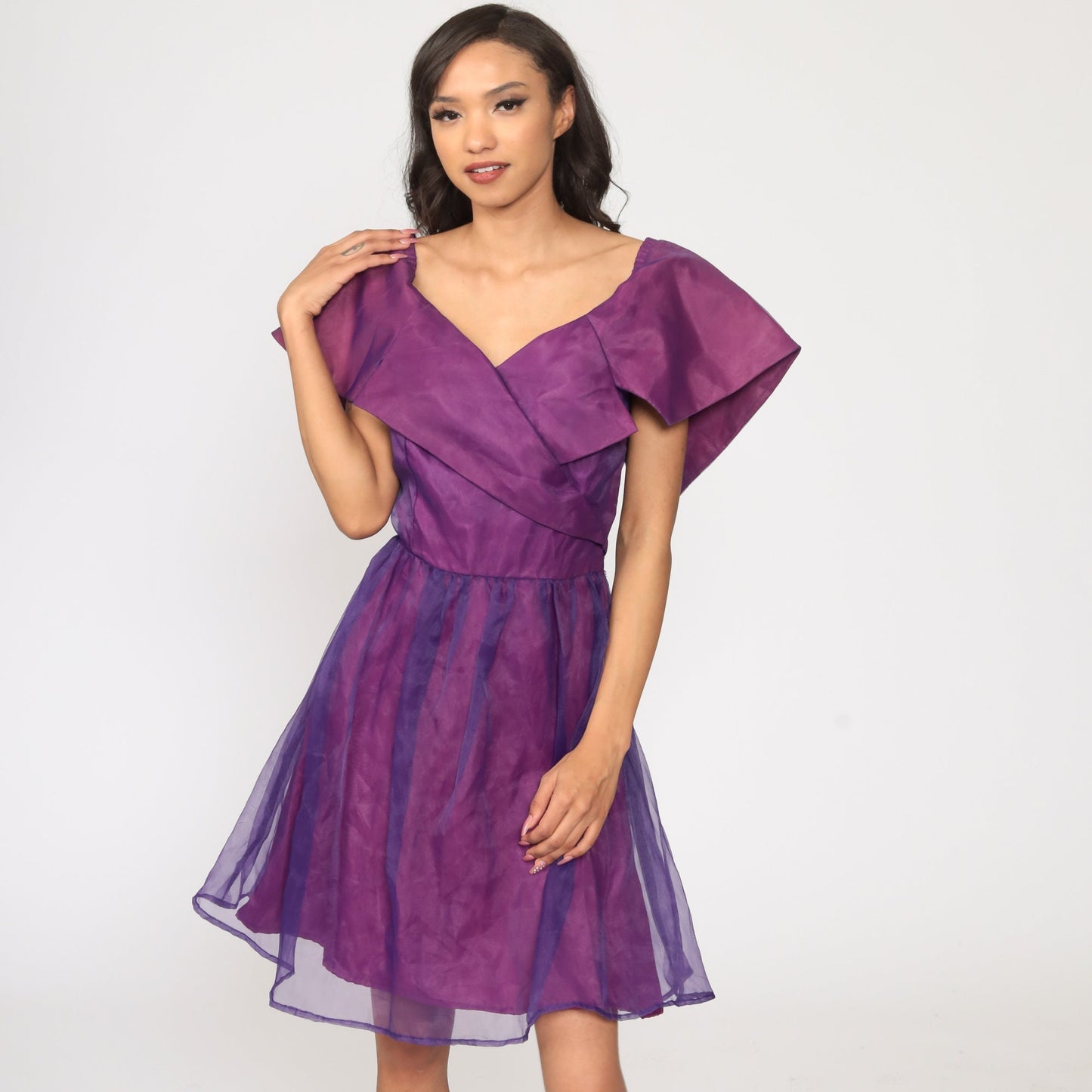 70s Purple Organza Wrap Dress High Waist Deep V Neck Mini Small