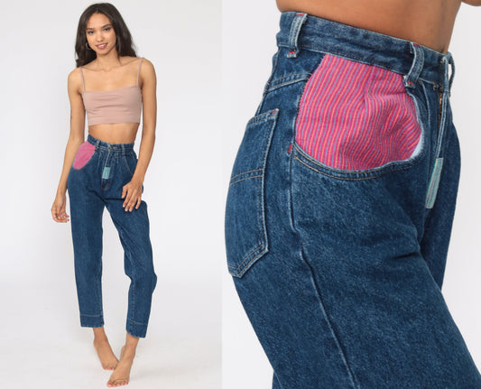90s High Waisted Pleated Mom Jeans Blue Stone Wash Plaid Trim XXS