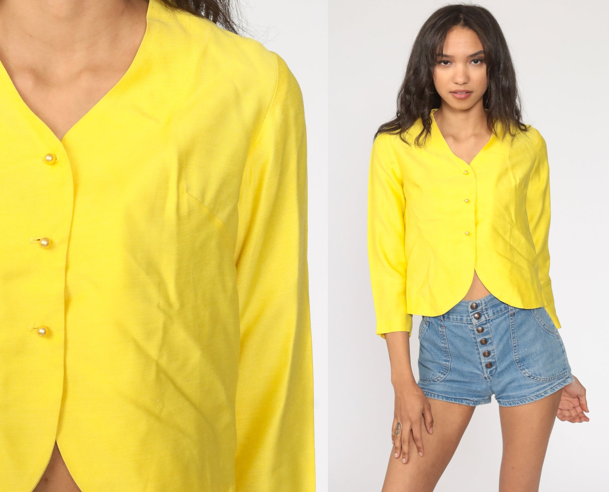 60s Yellow Mod Blazer Cropped Pearl Button Jacket Small