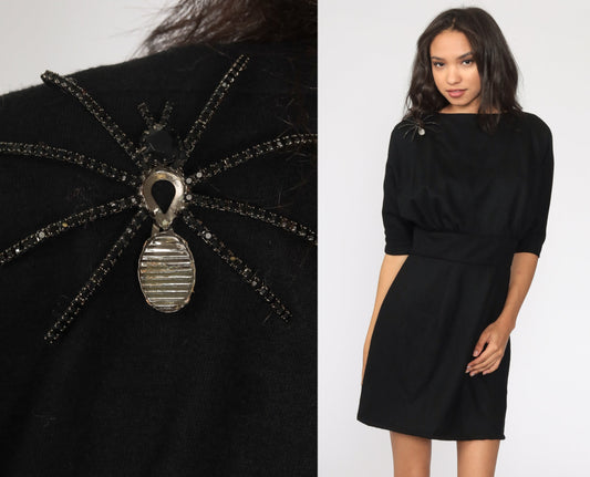 1950s Suzy Perette Black Wool Sheath Dress Dolman Sleeve Small