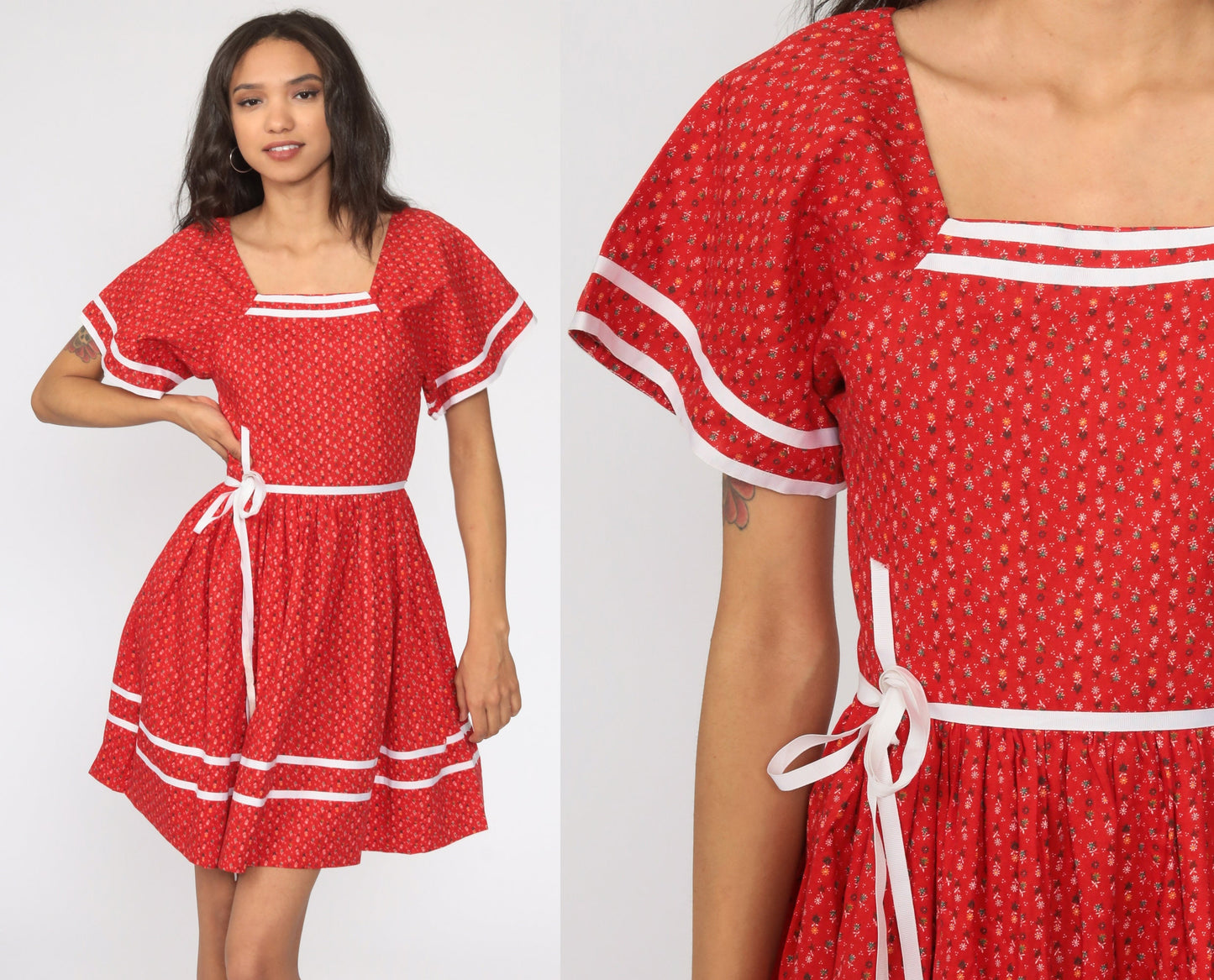 70s Red Calico Floral Mini Dress High Waist Short Sleeve Extra Small
