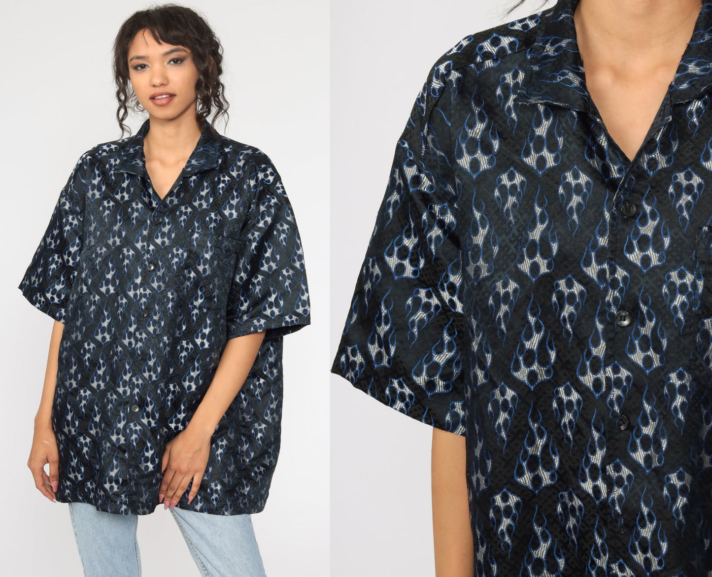 Y2K Flames Button-Up Shirt Blue Short Sleeve 00s Raver Top Extra Large XL