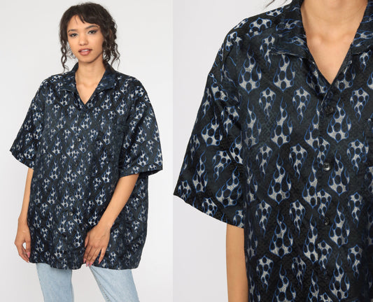 Y2K Flames Button-Up Shirt Blue Short Sleeve 00s Raver Top Extra Large XL