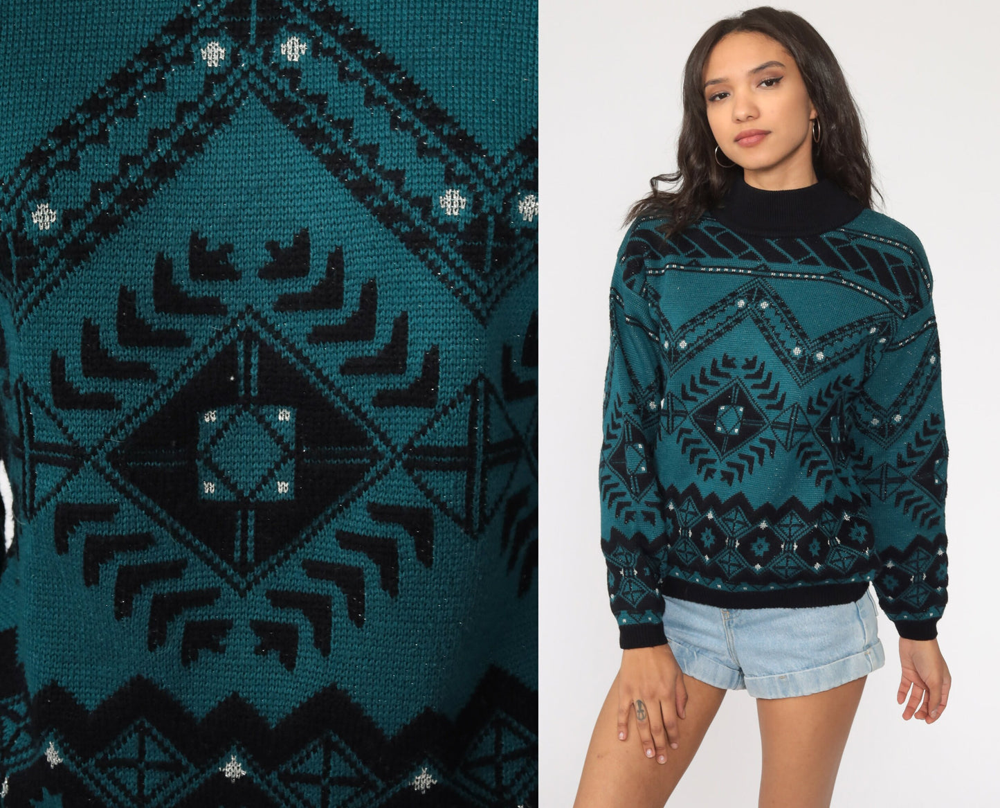 70s Geometric Wool Sweater Black Teal Metallic Pullover Medium