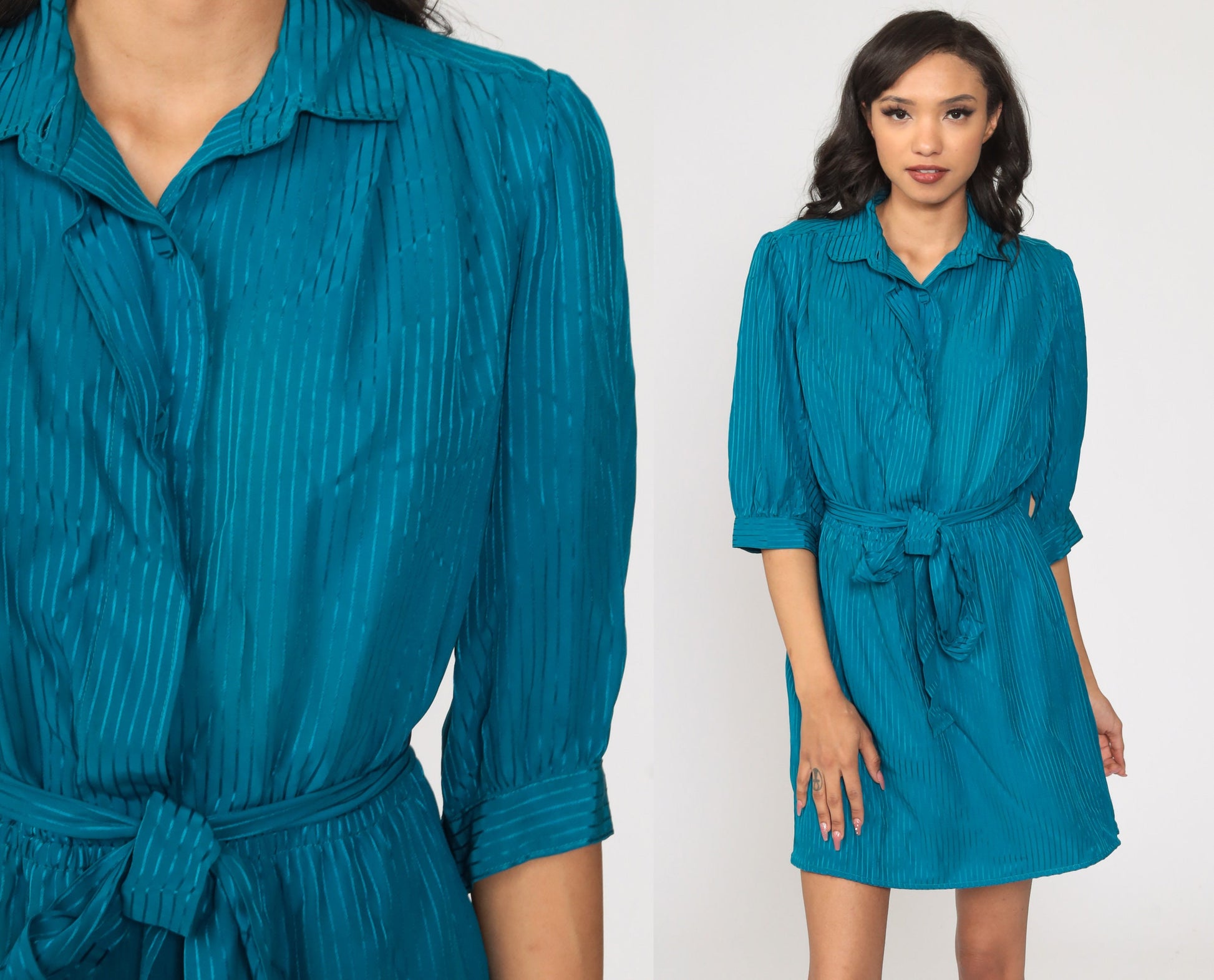 80s Blue Pinstriped Puff Sleeve Mini Dress High Waisted Button Up Large L