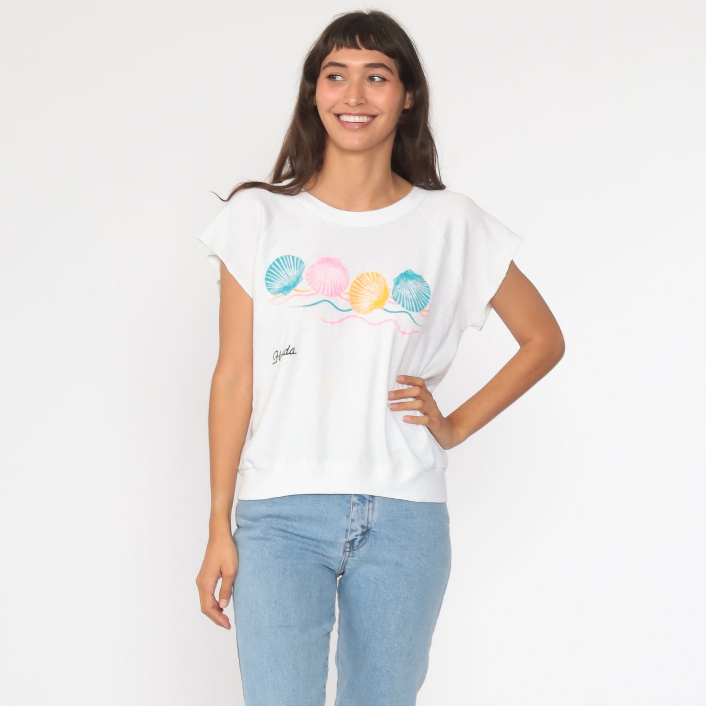 80s Florida Seashell Graphic T-Shirt White Cotton Tee Medium Large