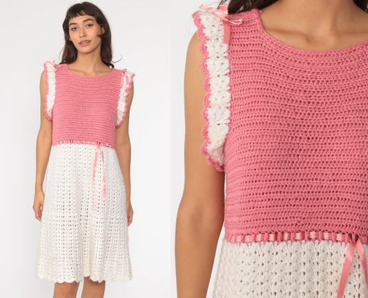 70s Crochet Knit Midi Dress Pink White Cap Sleeve Cutout Small Medium