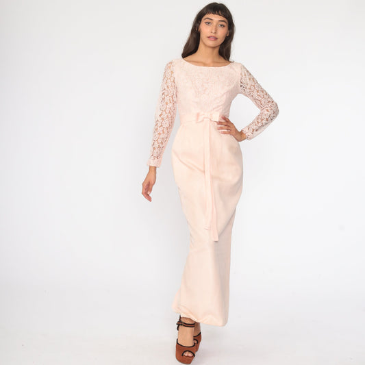 1950s Baby Pink Lace Cocktail Dress Bow Waist Pencil Skirt Extra Small