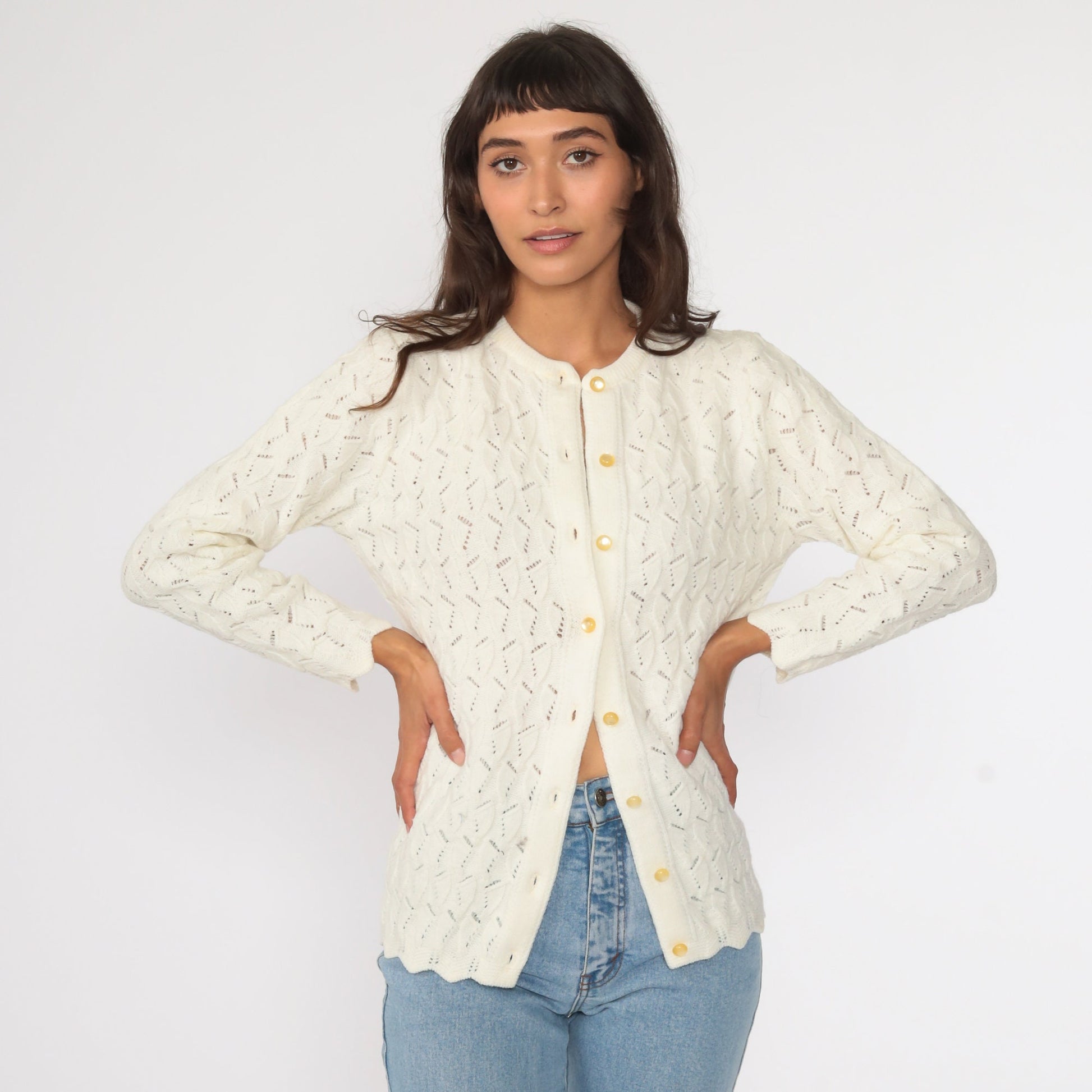 70s Off-White Pointelle Cardigan Sweater Button Up Small