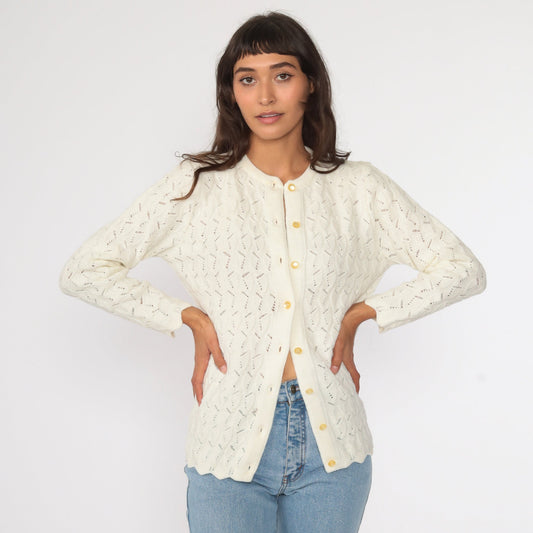70s Off-White Pointelle Cardigan Sweater Button Up Small