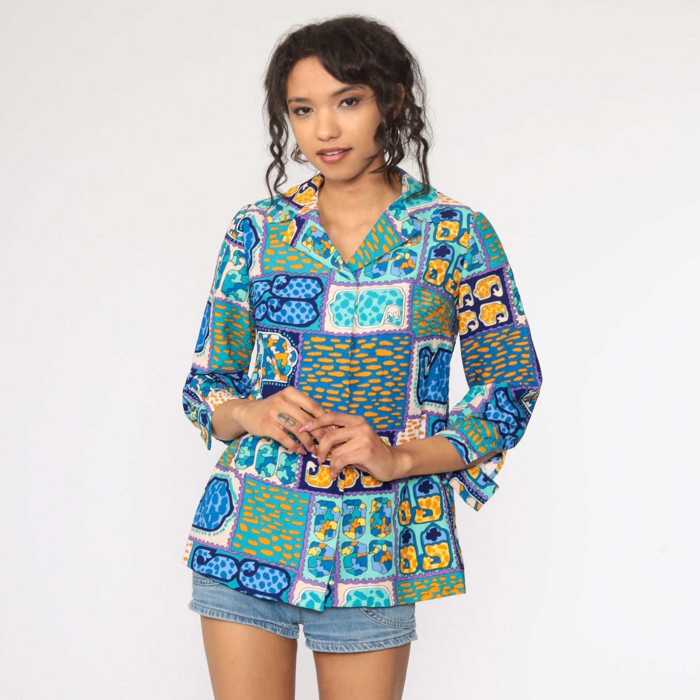 70s Psychedelic Acid Print Button-Up Shirt Blue 3/4 Sleeve Small
