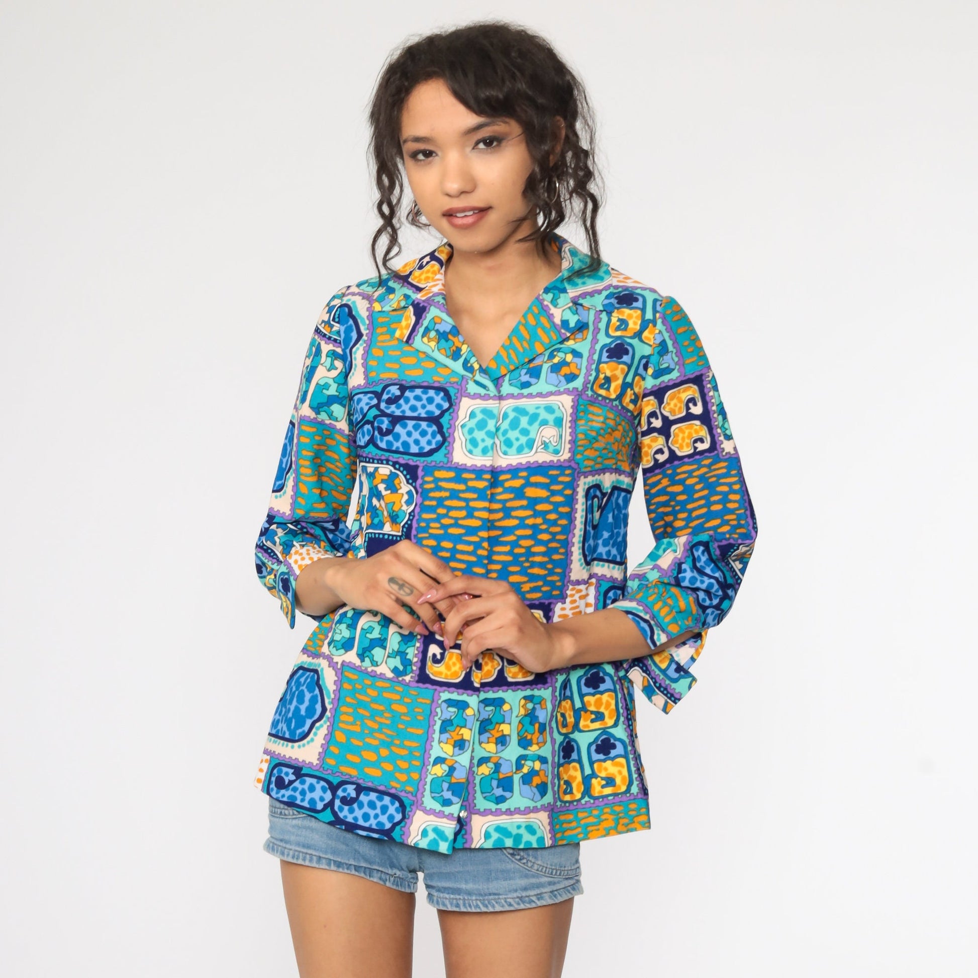 70s Psychedelic Acid Print Button-Up Shirt Blue 3/4 Sleeve Small