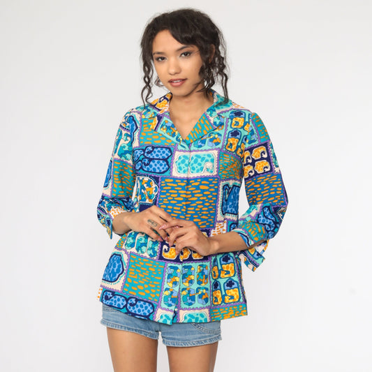 70s Psychedelic Acid Print Button-Up Shirt Blue 3/4 Sleeve Small