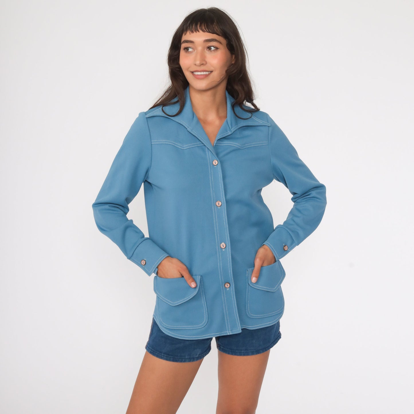 70s Blue Dagger Collar Button-Up Shirt Long Sleeve Small Medium