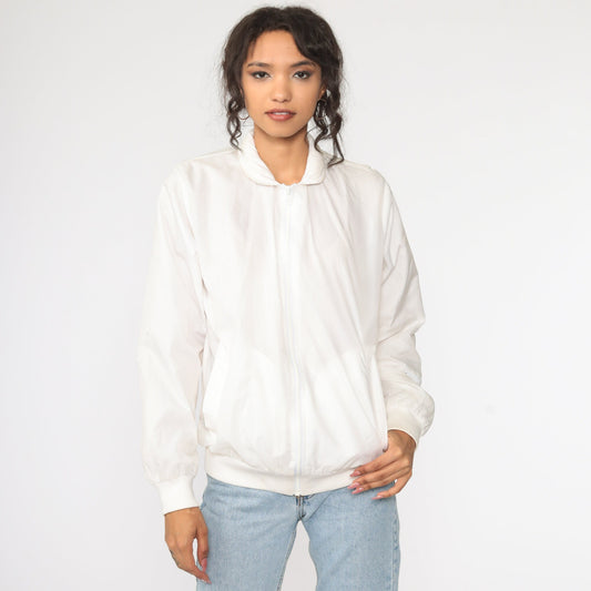 80s White Nylon Windbreaker Jacket Bomber Cut Small