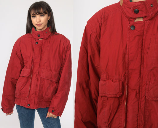 70s Red Down Puffer Ski Jacket Hooded Zip Coat Medium