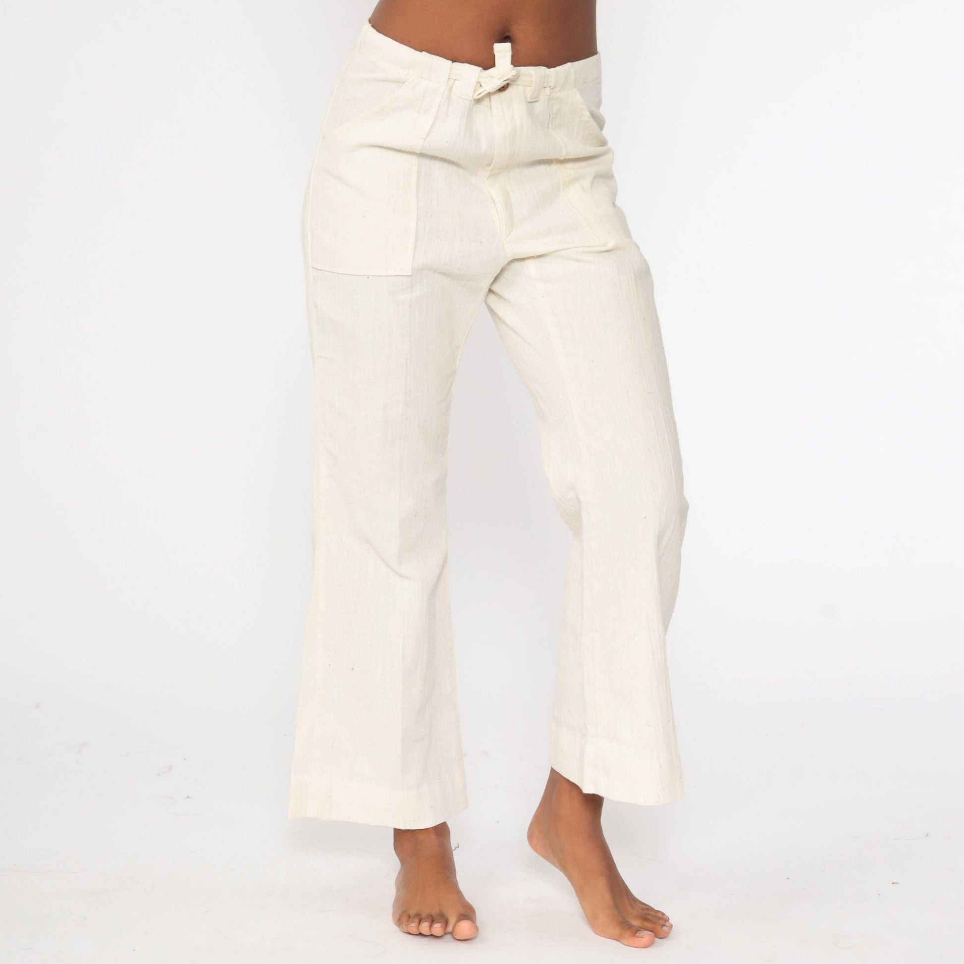 70s Bell Bottom Pants Off-White Cotton Drawstring Mid Rise Small