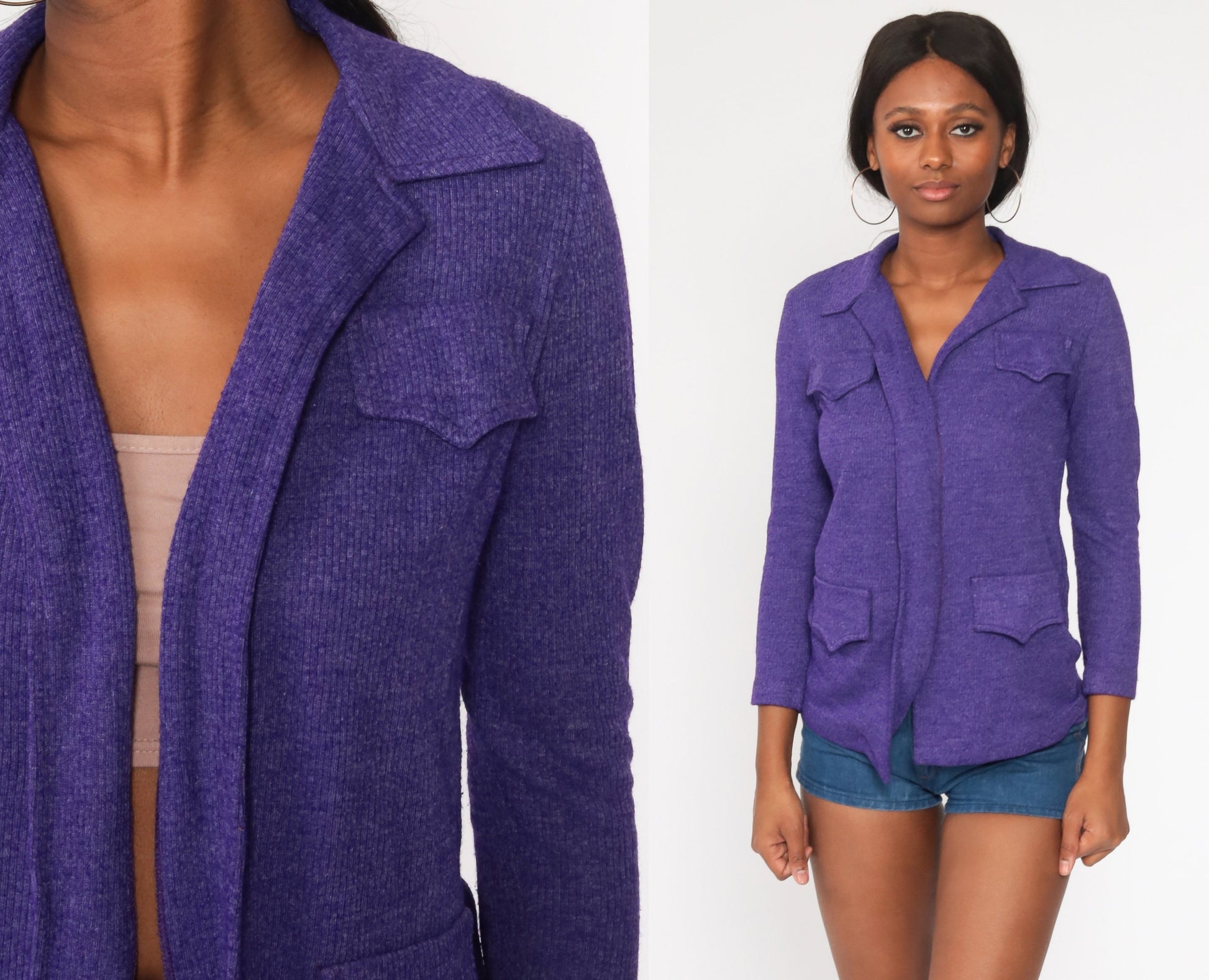 70s Purple Wrap Cardigan Sweater Knit Open Front Small S