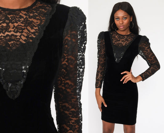 80s Black Velvet Mini Dress Lace Sequin Puff Sleeve Bodycon Small