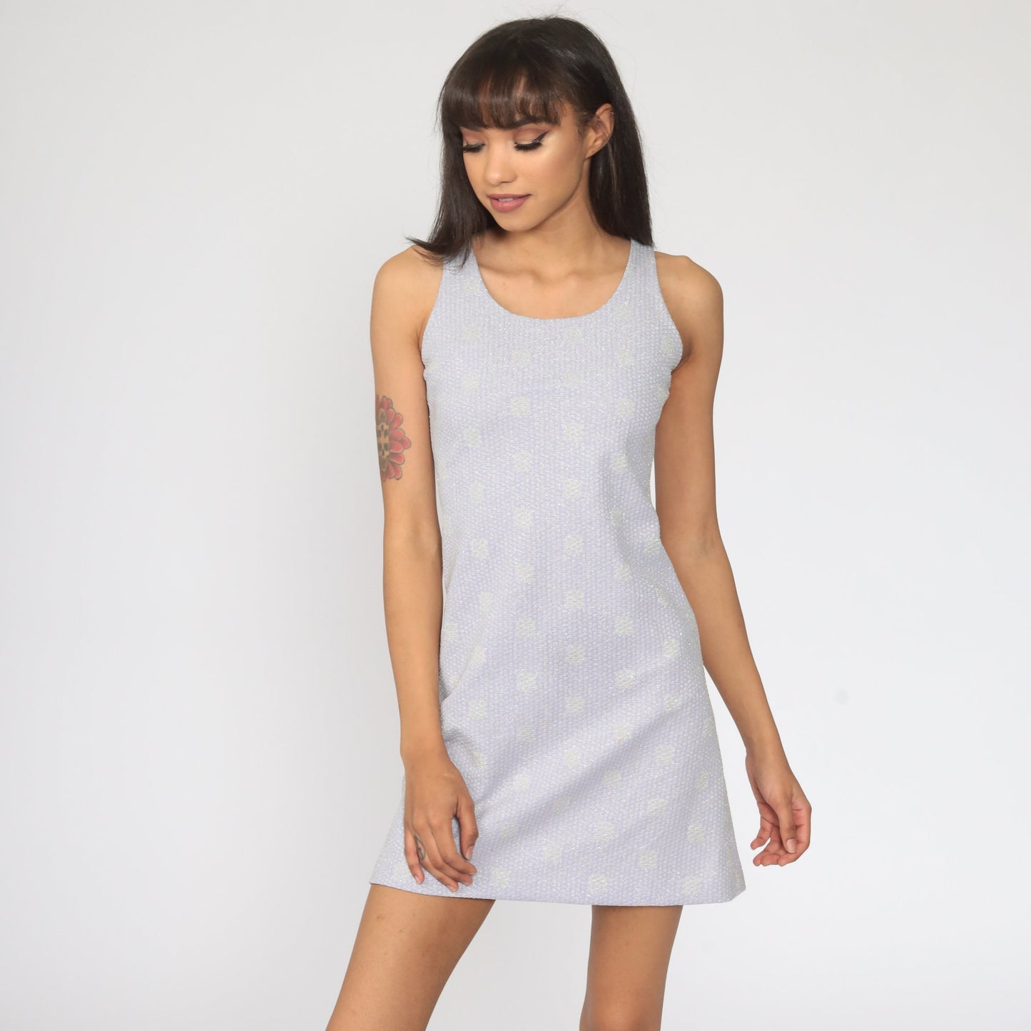 1970s Lavender Metallic Polka Dot Mini Dress Sleeveless Sheath Extra Small